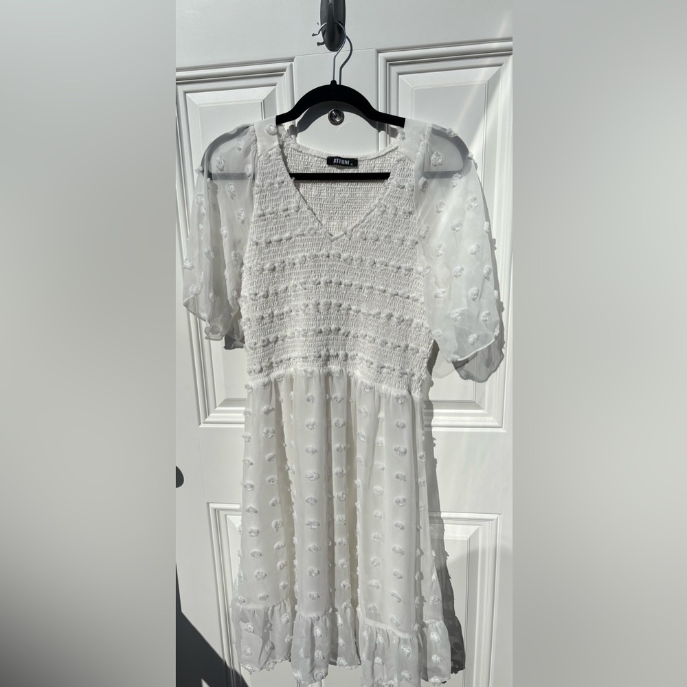 White Long Sleeve Dress with Textured Detail
